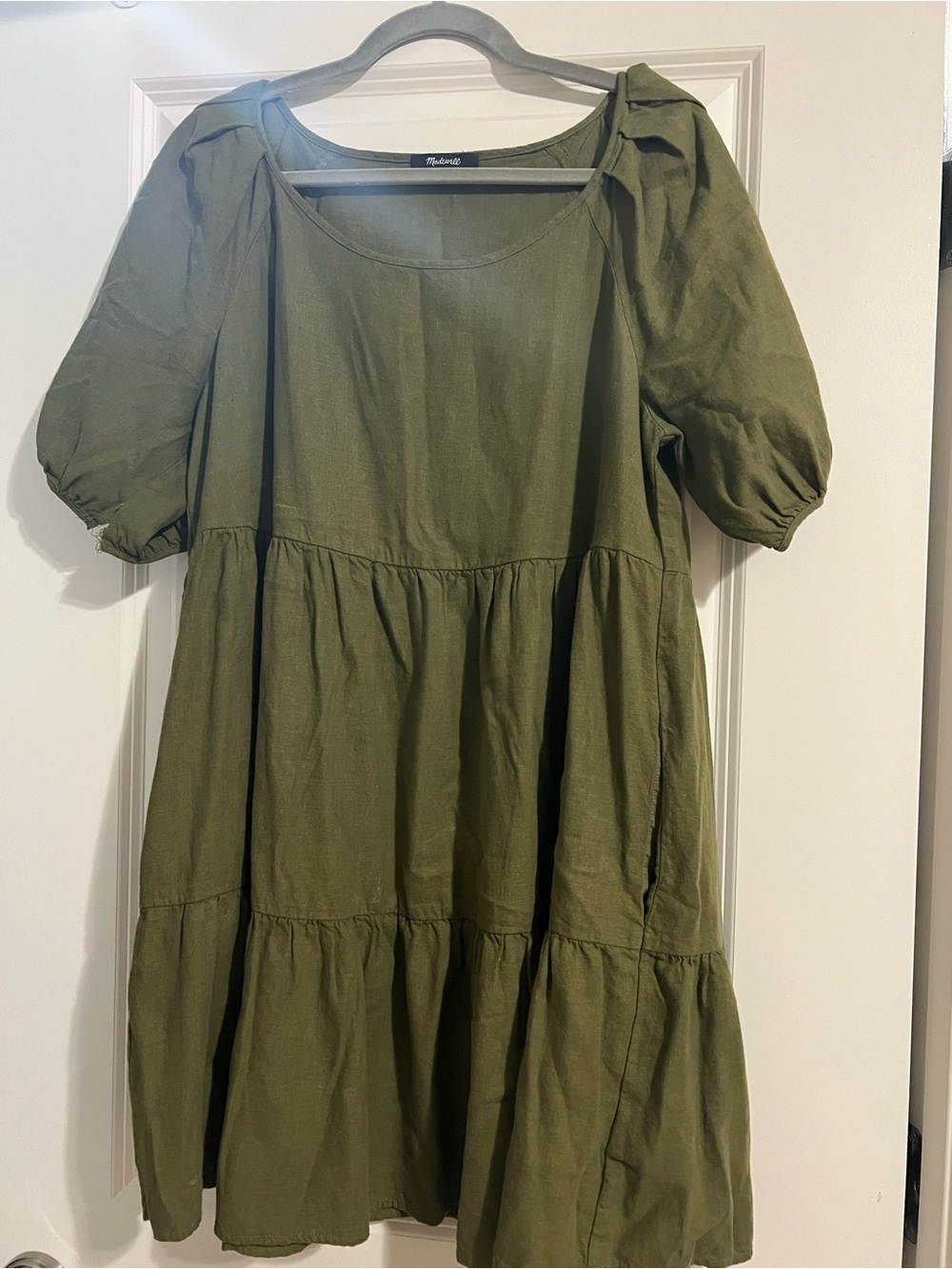 Madewell Olive Tiered Puff-Sleeve Mini Dress